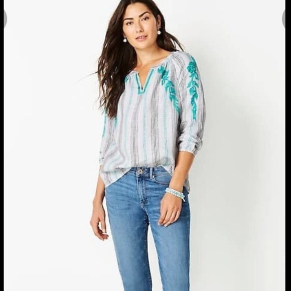 J. Jill Love Linen Embroidered Striped Top Sz SP - Picture 2 of 12
